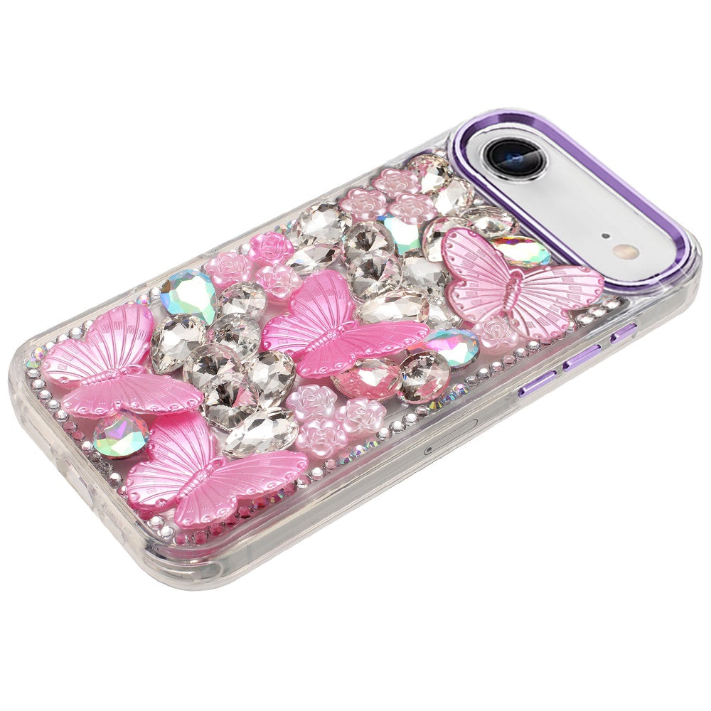 For Apple iPhone 17 Air (6.6") 3D Diamond Floral Butterfly Bling Stone Hybrid, Sparkly Rhinestone Gemstone Back Shockproof Case Cover