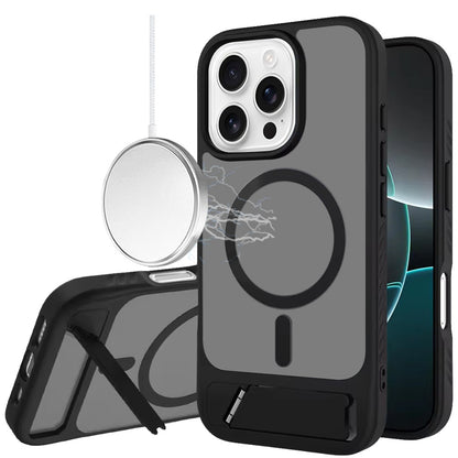 Phone Case for Apple iPhone 16 Pro Max Matte Magnetic Metal Kickstand Shockproof Grip Anti Slip Durable Protective Heavy Duty Hybrid Cover Black