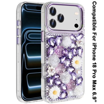 Phone Case for Apple iPhone 18 Pro Max Full Bling Rhinestone Glitter Floral Luxury Hybrid Shockproof Stylish Sparkling Protective Designer Ornament Cover
