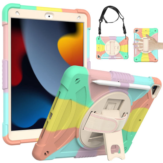For 3-in-1 Tough Hybrid Shockproof Protector Silicone TPU with Pencil Holder, Kickstand, Hand & Shoulder Strap Colorful Rainbow Tablet Case Cover