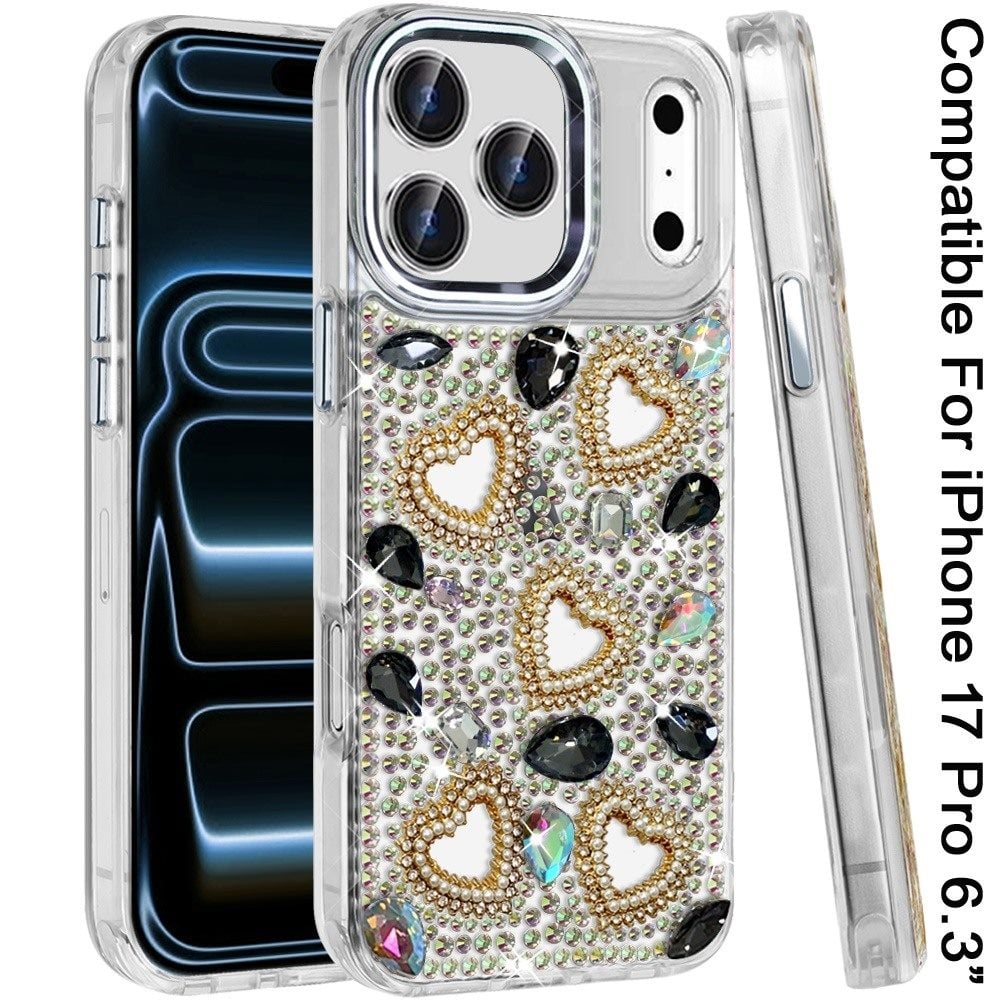 Phone Case for Apple iPhone 17 Pro Luxury Crystal Heart Rhinestone Diamond Bling Shockproof Hybrid Glitter Protective Stylish Durable Grip Cover