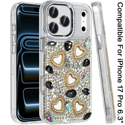 Phone Case for Apple iPhone 17 Pro Luxury Crystal Heart Rhinestone Diamond Bling Shockproof Hybrid Glitter Protective Stylish Durable Grip Cover