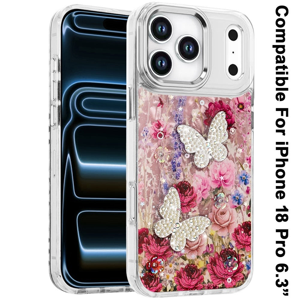 Phone Case for Apple iPhone 18 Pro/ 17 Pro Glitter Butterfly Design Metal Buttons Shockproof Hybrid TPU + PC Durable Protective Slim Grip Stylish Cover