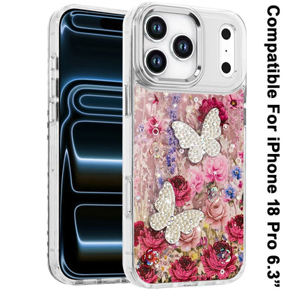 Phone Case for Apple iPhone 18 Pro/ 17 Pro Glitter Butterfly Design Metal Buttons Shockproof Hybrid TPU + PC Durable Protective Slim Grip Stylish Cover
