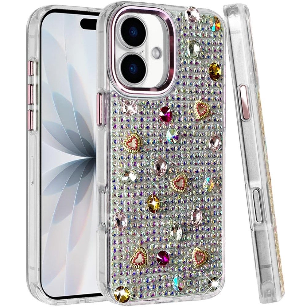 Phone Case for Apple iPhone 18 Chrome Fashion Hybrid Bling Diamond Heart Rhinestone Decorative Stones Sparkling Embellished Design Cover