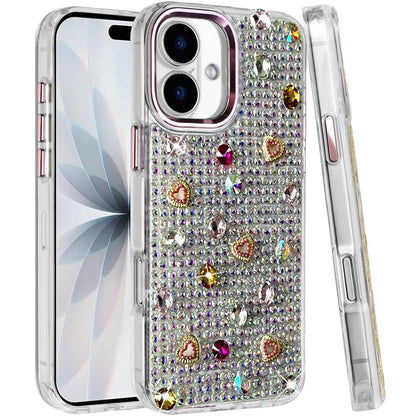 Phone Case for Apple iPhone 18 Chrome Fashion Hybrid Bling Diamond Heart Rhinestone Decorative Stones Sparkling Embellished Design Cover