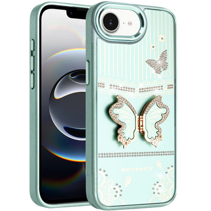 For Apple iPhone 17E /16E Glitter 3D Butterfly Design Bling Metallic Edge Hybrid Stand Drop Protection TPU Shockproof Case Cover