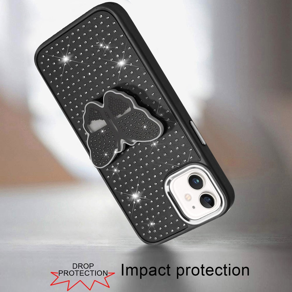 Phone Case for Apple iPhone 11 Butterfly Grip Pop Stand Diamond Sparkle Hybrid Shockproof Metal Button Slim Protective Grip Decorative Design Cover