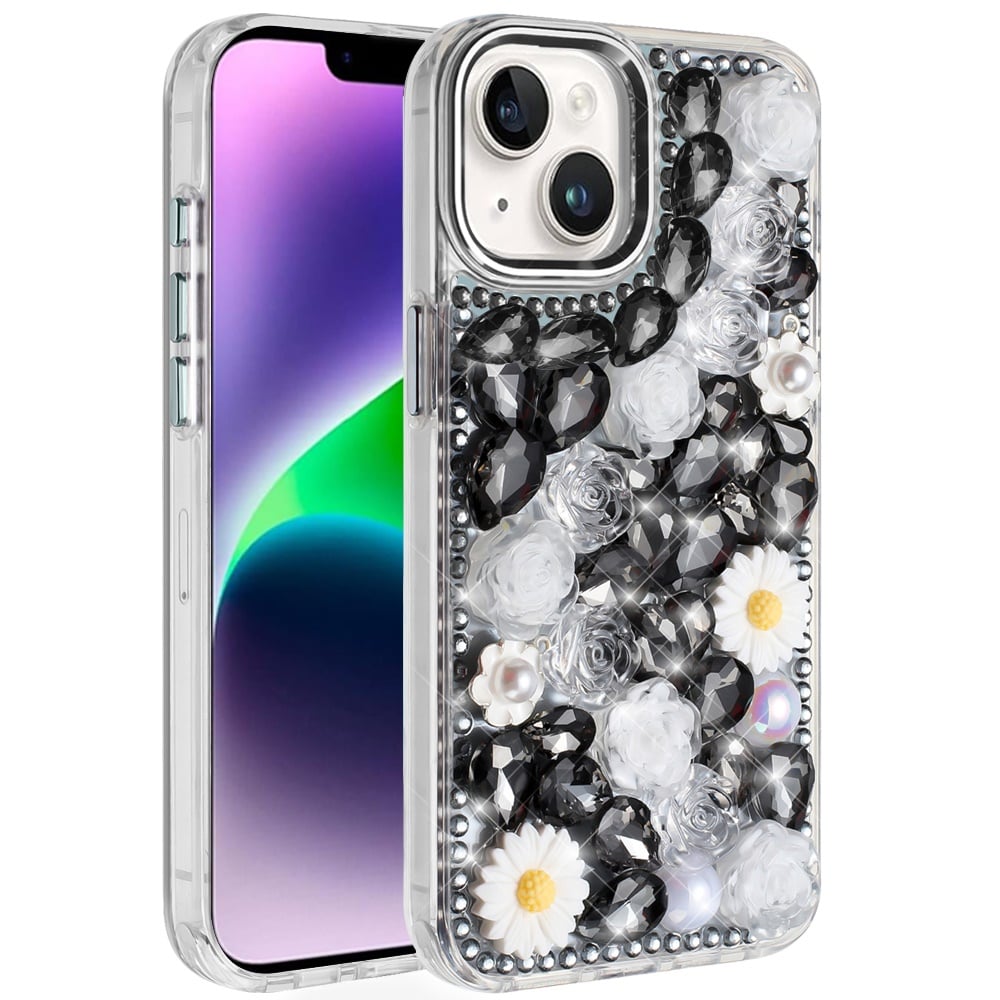 Phone Case for iPhone 14 Full Bling Rhinestone Glitter Floral Luxury Hybrid Shockproof Stylish Sparkling Protective Designer Ornament Cover