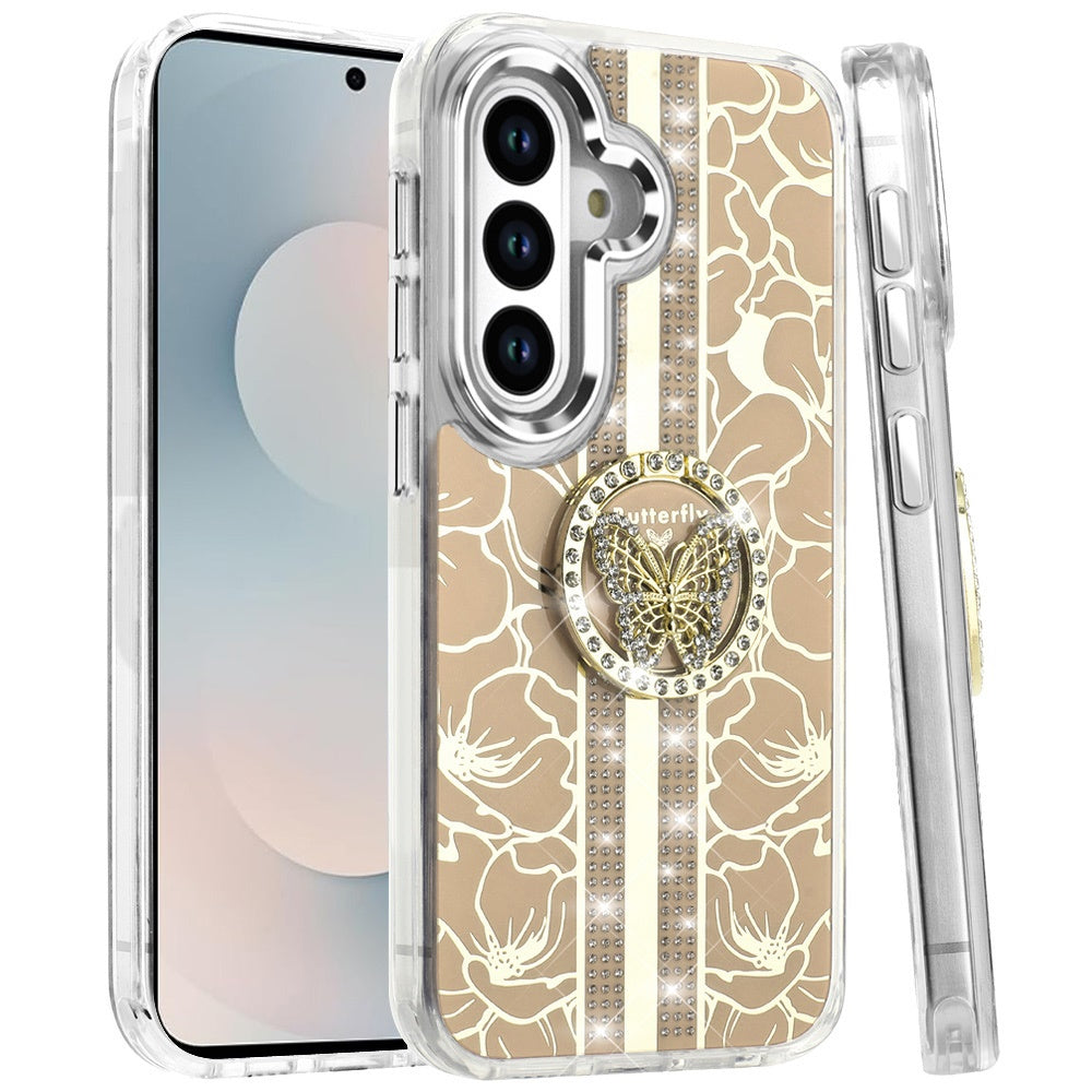 For Samsung Galaxy S26+ / S26 Plus Diamonds 3D Butterfly Floral Design Bling Sparkly Glitter Hybrid Metal Fashion with Ring Stand Case Cover