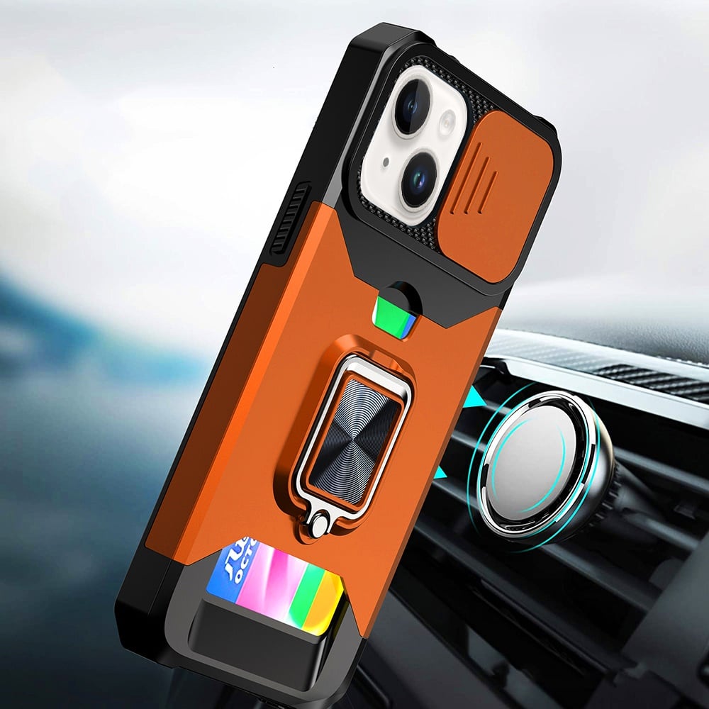 For iPhone 15 Plus (6.7") Wallet Case with Ring Stand & Slide Camera Cover Back Credit Card Slot Holder, Military Grade Case Cover Cosmic Orange
