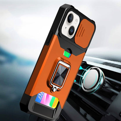 For iPhone 15 Plus (6.7") Wallet Case with Ring Stand & Slide Camera Cover Back Credit Card Slot Holder, Military Grade Case Cover Cosmic Orange