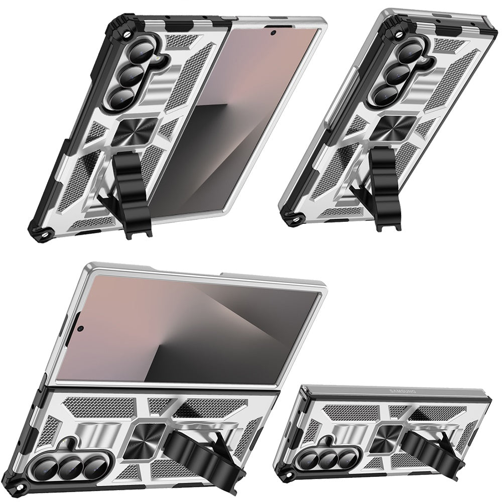 Phone Case for Samsung Galaxy Z Fold 7 Built in Magnetic Hiden Kickstand Shockproof Rugged Armor Grip Hybrid Heavy Duty Anti Slip Protective Style Cover Silver