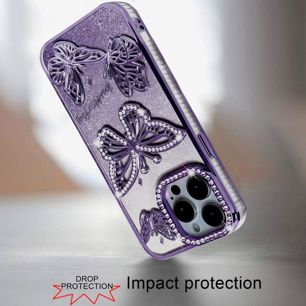 For Apple iPhone 13 Pro Max Luxury Butterfly Sparkle Glitter Diamond Crystal Rhinestone Shimmer Bling Plating Thick TPU Hard PC Case Cover