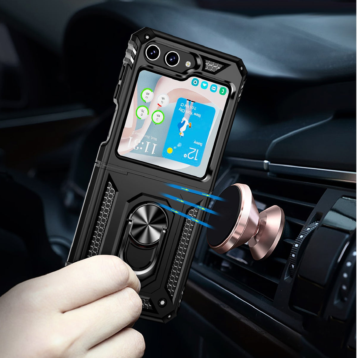 For Samsung Galaxy Z Flip 7 FE Hybrid Shockproof Protective with Magnetic 360° rotating Ring Kickstand, TPU Rubber PC Case Cover Black