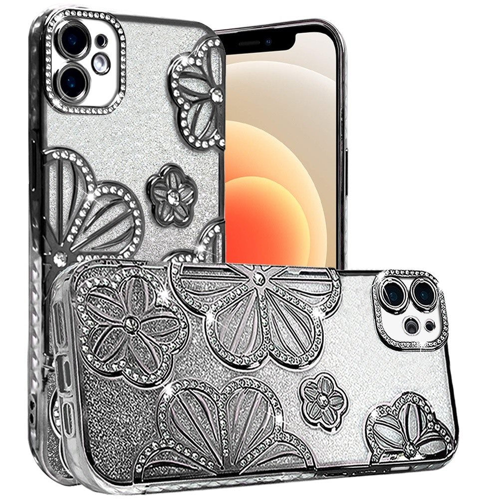 For iPhone 12 / iPhone 12 Pro (6.1") Luxury Flower Design Sparkle Glitter Diamond Rhinestone Shimmer Bling Plating Thick TPU Hard PC Case Cover