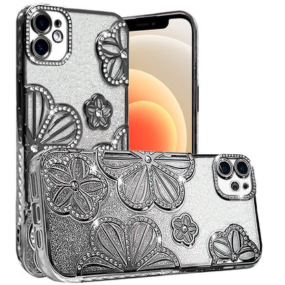 For iPhone 12 / iPhone 12 Pro (6.1") Luxury Flower Design Sparkle Glitter Diamond Rhinestone Shimmer Bling Plating Thick TPU Hard PC Case Cover