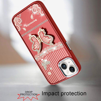 For iPhone 15 (6.1") Glitter 3D Butterfly Design Bling Metallic Edge Hybrid Stand Drop Protection TPU Shockproof Case Cover