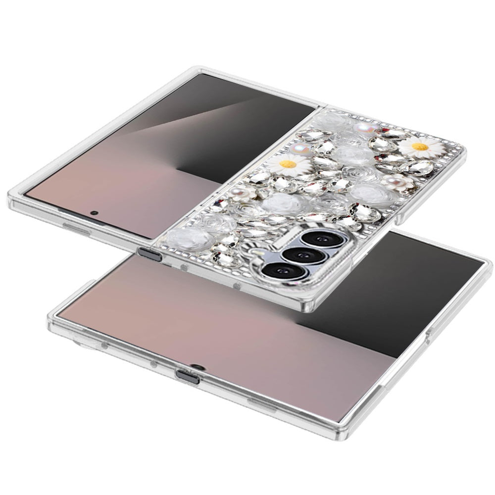 Phone Case for Samsung Galaxy Z Fold 7 Full Bling Rhinestone Glitter Floral Luxury Hybrid Shockproof Stylish Sparkling Protective Designer Ornament Cover