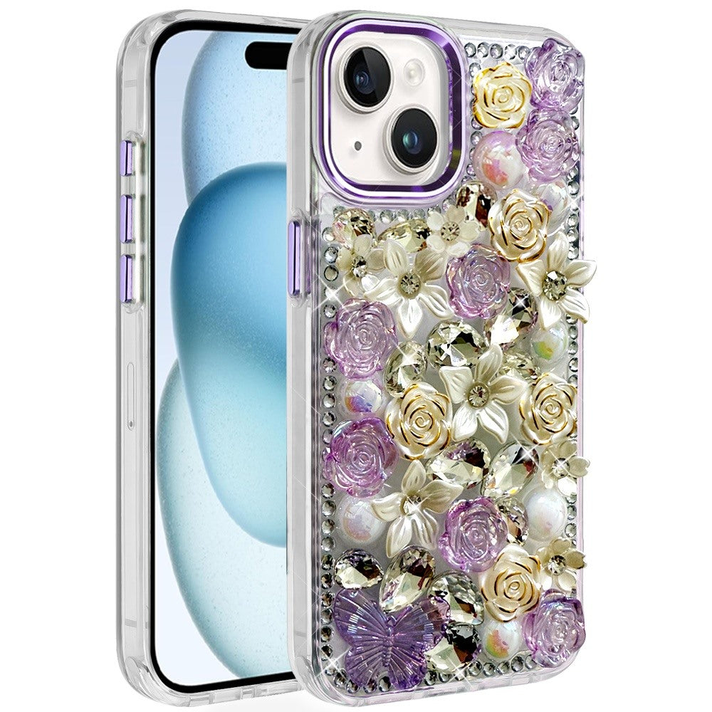 Phone Case for iPhone 15 Luxury Rose Bling Rhinestone Glitter Floral Hybrid Shockproof Stylish Protective Designer Ornament Sparkle Cover Purple