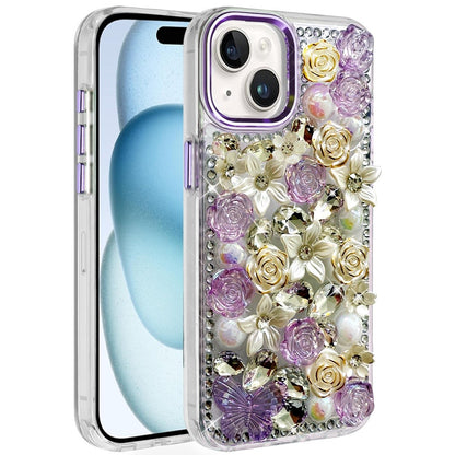 Phone Case for iPhone 15 Luxury Rose Bling Rhinestone Glitter Floral Hybrid Shockproof Stylish Protective Designer Ornament Sparkle Cover Purple