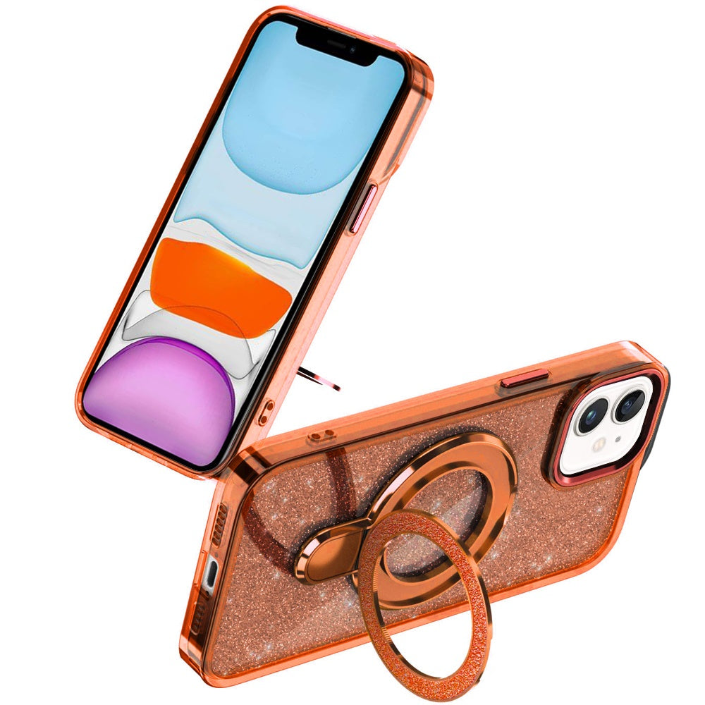 For Apple iPhone 11 Transparent Glitter Bling Case with Rotating Magnetic Ring Stand, Shockproof Hybrid Case Cover Cosmic Orange
