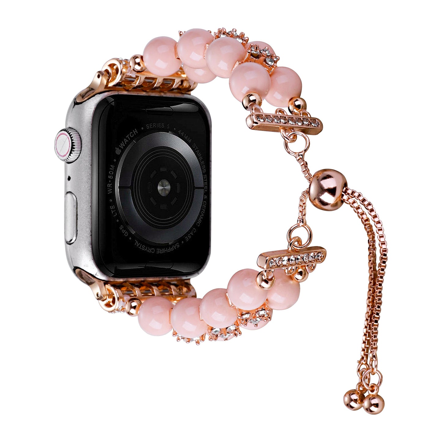 Watch Band for Apple Watch 42/44/45/46mm & Ultra 49mm, Series 4-10 & SE Pearls Fashion Bling Strand Metal Adjustable replacment Bracelet Style with Secure Attachment