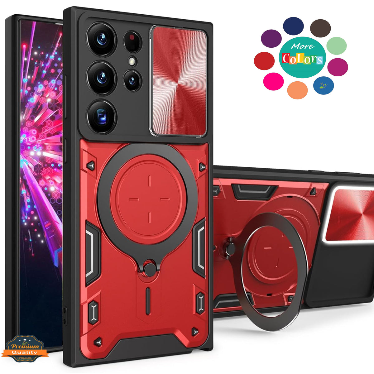 For Samsung Galaxy A17 5G Hybrid Shockproof with Magnetic Ring Stand, Compatible with Magsafe & Sliding Camera Lens Protector Case Cover