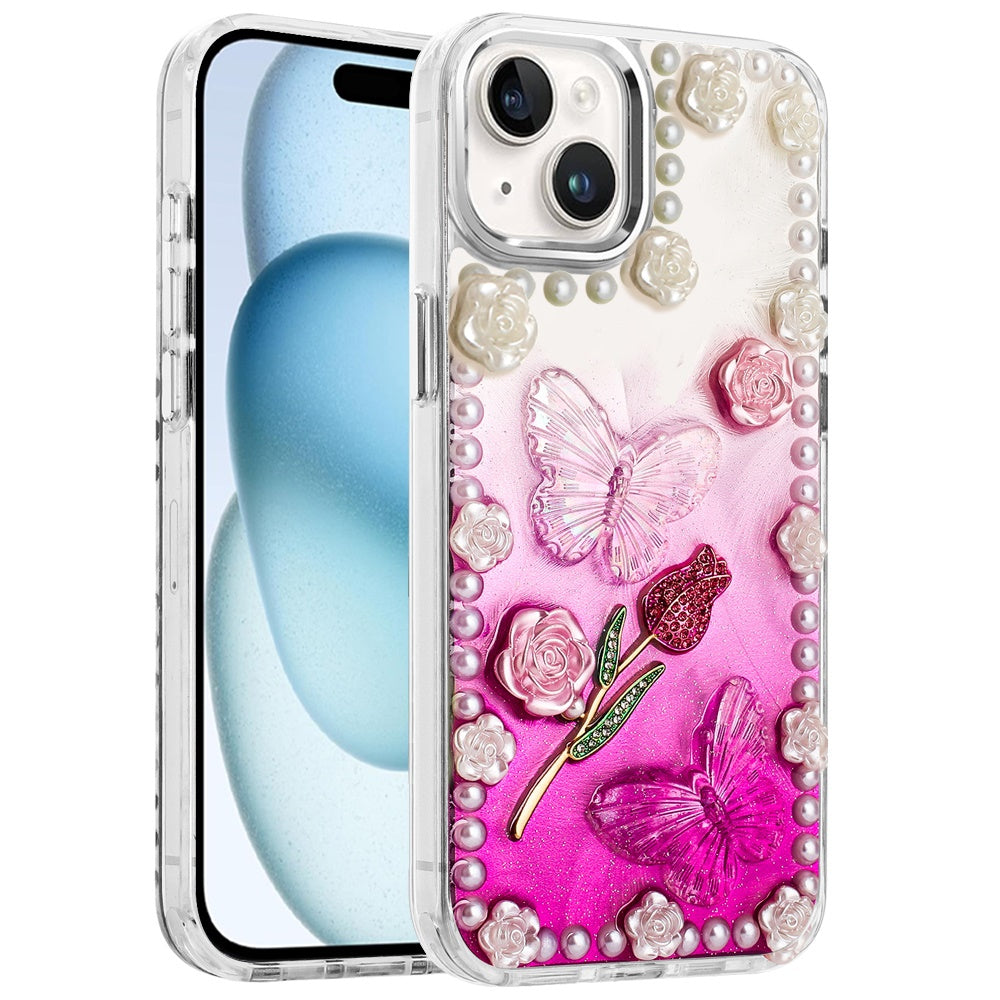 For Apple iPhone 11 Bling Fashion Design with 3D Pearls Epoxy Glitter Ornaments Chrome Edge Hard Slim PC Case Cover