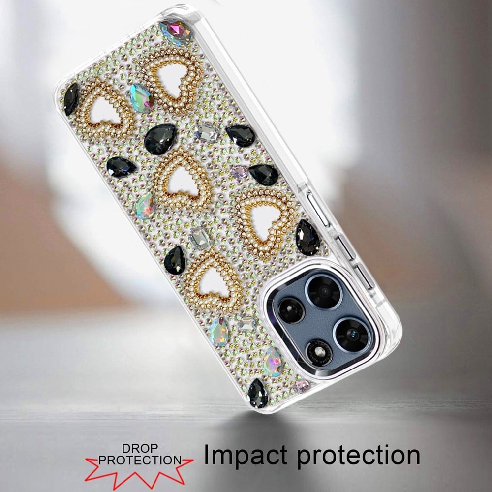 Phone Case for Motorola Moto G Play 5G 2026 Luxury Crystal Heart Rhinestone Diamond Bling Shockproof Hybrid Glitter Protective Stylish Durable Grip Cover