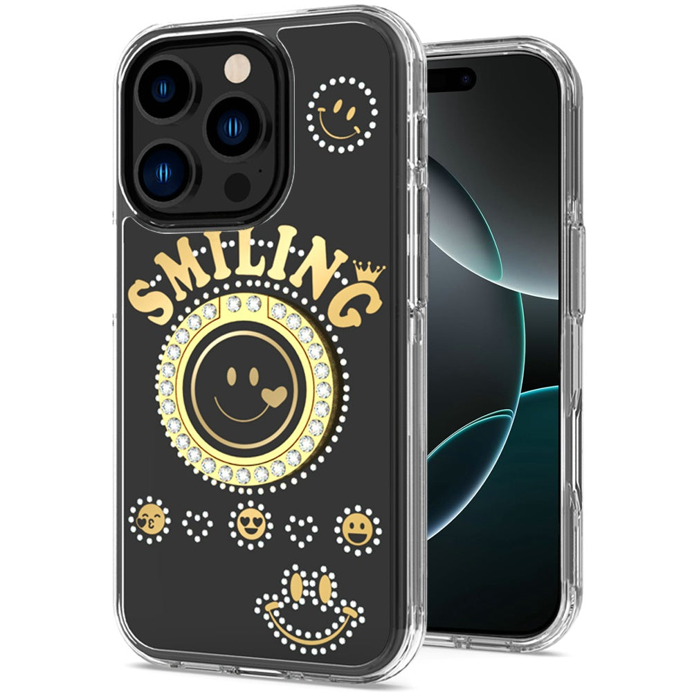 For Apple iPhone 16 Pro Max (6.9") Smiling Glitter Ornament Bling Sparkle with Ring Stand Hybrid Slim TPU + Hard Back Shell Case Cover