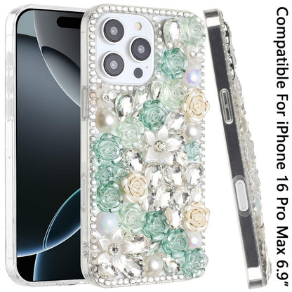 Phone Case for Apple iPhone 16 Pro Max Rose Flower Full Diamond Bling Rhinestone Glitter Luxury Stylish Sparkle Protective Designer Hybrid Cover Green