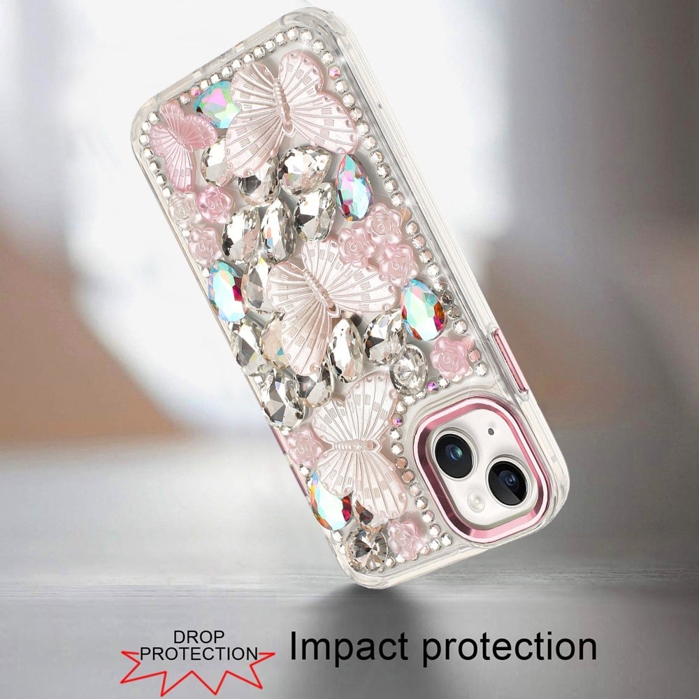 Phone Case for iPhone 15 Plus (6.7") Luxury 3D Floral Butterfly Bling Rhinestone Glitter Shockproof Stylish Protective Hybrid Designer Metallic Cover