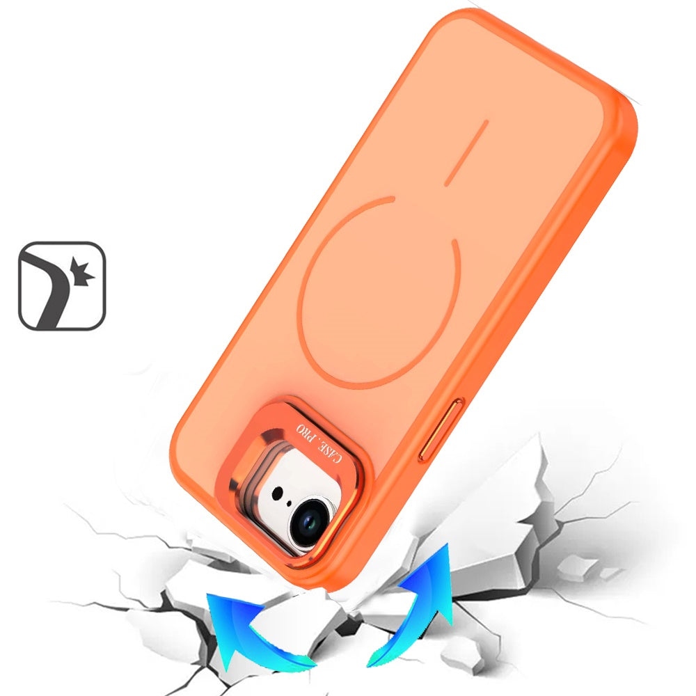 For Apple iPhone 17E /16E Magnetic Matte Metal Camera Stand Hybrid Drop Protection Durable Shockproof Slim Fit Design Case Cover Cosmic Orange