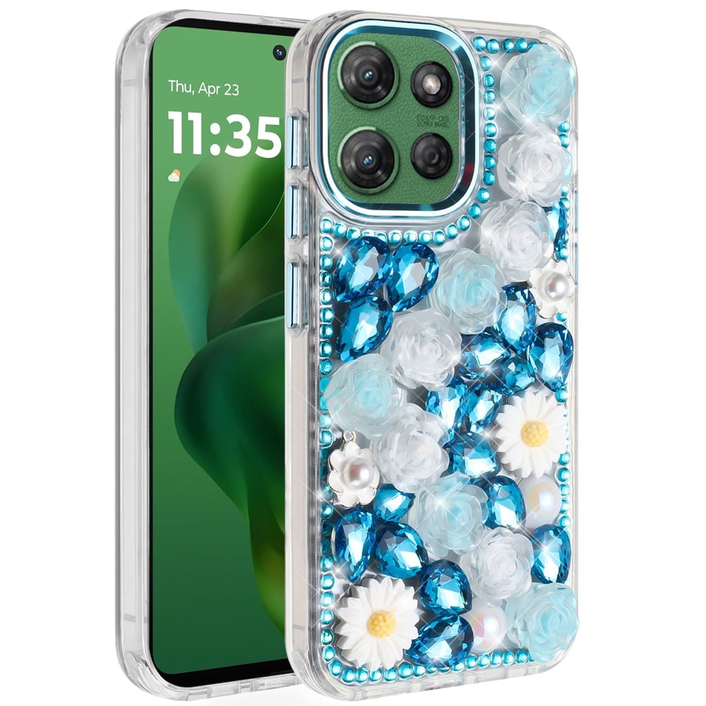 For Motorola Moto G Power 5G 2026 /2025 Fashion Daisy Floral Series, Full 3D Bling Crystal Diamonds Sparkling Rhinestone Glitter Hybrid Design Case Cover White