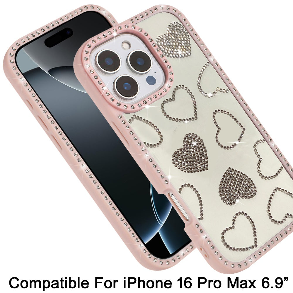For iPhone 16 Pro Max (6.9") Spread Love Glitter Shimmer Bling Diamond Edge Hybrid Drop Protection Shockproof Design Case Cover