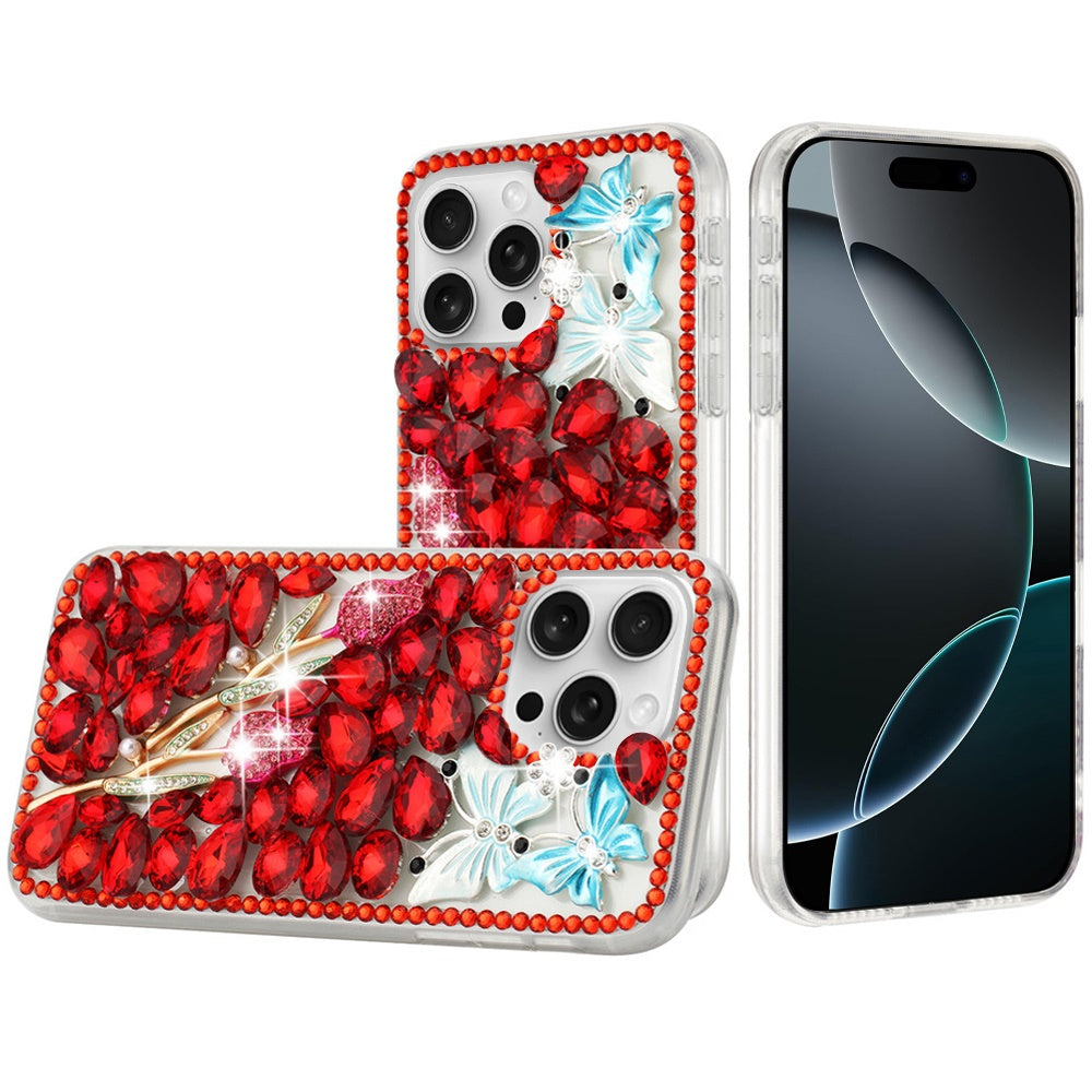 For iPhone 16 Pro Max (6.9") Bling Crystal 3D Full Diamonds Luxury Sparkle Rhinestone Hybrid Case Cover Gold Exquisite Garden