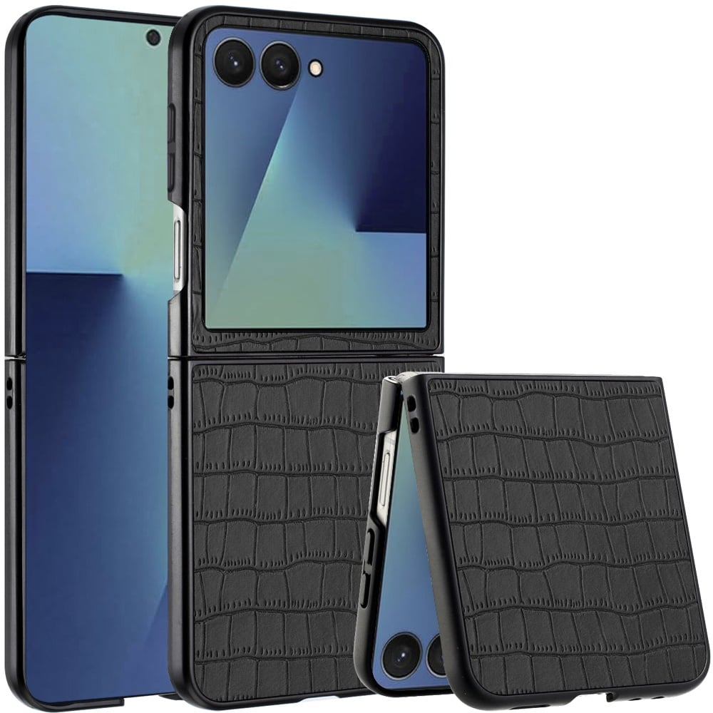 Phone Case for Samsung Galaxy Z Flip 8 Premium PU Vegan Leather Hard Shell Snap On Slim Fit Hybrid Protective Reinforced Design Cover Black