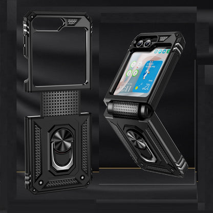 For Samsung Galaxy Z Flip 7 FE Hybrid Shockproof Protective with Magnetic 360° rotating Ring Kickstand, TPU Rubber PC Case Cover Black