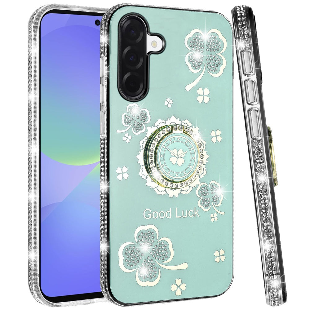 For Samsung Galaxy A37 Diamonds Bling All Around Edges Sparkly Glitter Hybrid with Ring Stand Holder Fashion Good Luck Case Cover