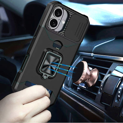 For Apple iPhone 17 (6.3") Wallet Case with Ring Stand & Slide Camera Cover Back Credit Card Slot Holder, Military Grade Case Cover