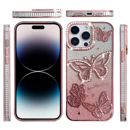 Phone Case for iPhone 14 Pro Max Butterfly Freedom Shimmer Glitter Thick TPU Shockproof Anti Slip Durable Protective Design Cover Rose Gold