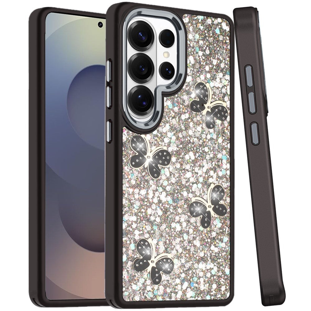 Phone Case for Samsung Galaxy S25 Ultra Cute Butterfly Diamond Glitter Metallic Hybrid Shockproof Shimmer Grip Stylish Protective Luxury Designer Cover