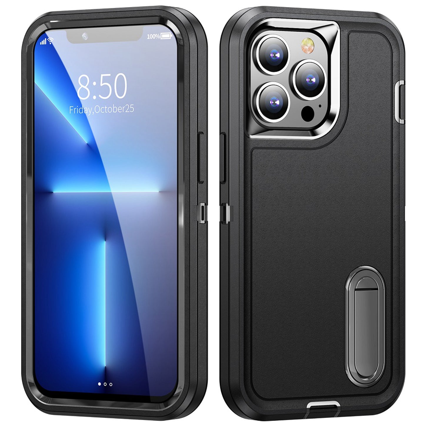 For Apple iPhone 16 Pro (6.3") Hybrid 3 Layers Hard 3in1 Shockproof with Kickstand Heavy Duty Hard TPU Rubber Anti-Drop Case Cover Black