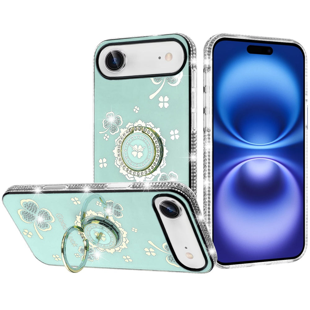 For Apple iPhone 17 Air (6.6") Diamonds Bling All Around Edges Sparkly Glitter Hybrid with Ring Stand Holder Fashion Good Luck Case Cover