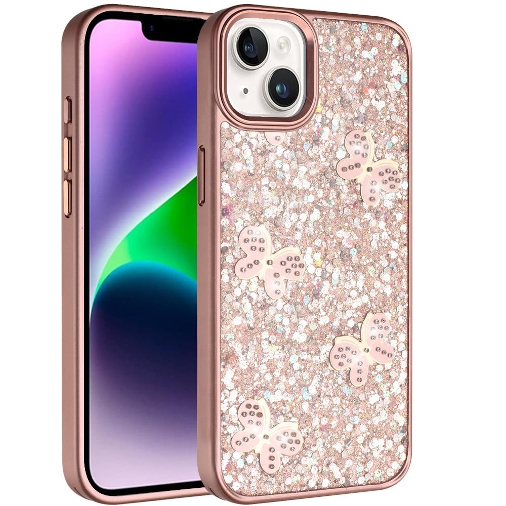 Phone Case for Apple iPhone 14/13 Cute Butterfly Diamond Glitter Metallic Hybrid Shockproof Shimmer Grip Stylish Protective Luxury Designer Cover