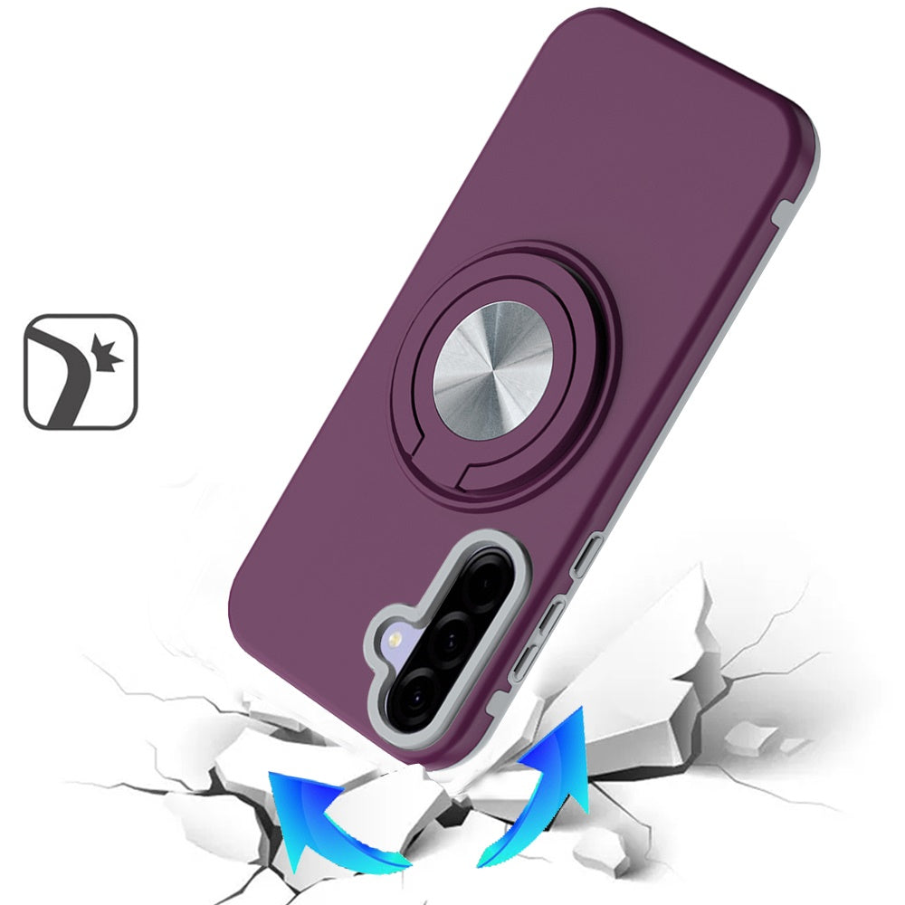 Phone Case for Samsung Galaxy A37 Shockproof Magnetic Ring Stand Rotating CarMount Hybrid Metal Matte Finish AntiSlip Grip Kickstand Cover Purple