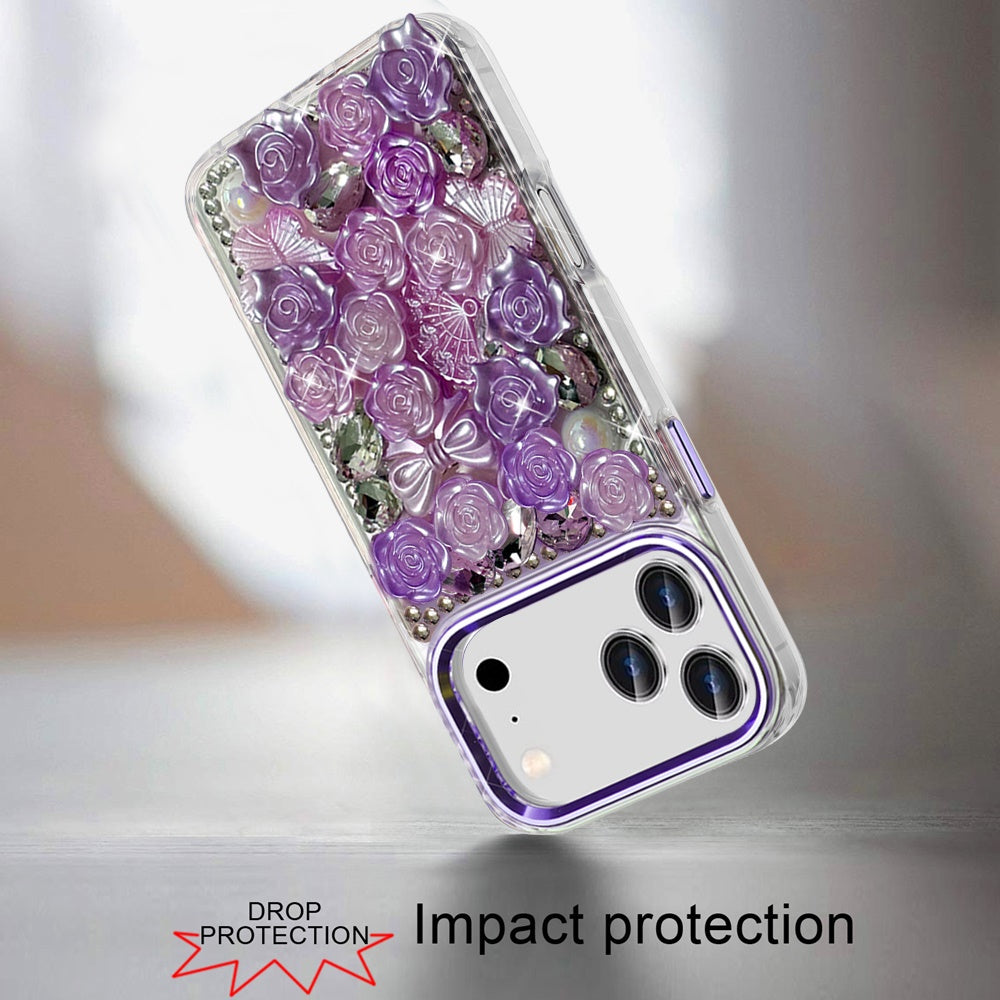 For Apple iPhone 17 Pro (6.3") Muti-Color Floral Fashion Bling Crystal 3D Full Diamonds Stones Sparkle Rhinestone Glitter Hybrid Case Cover