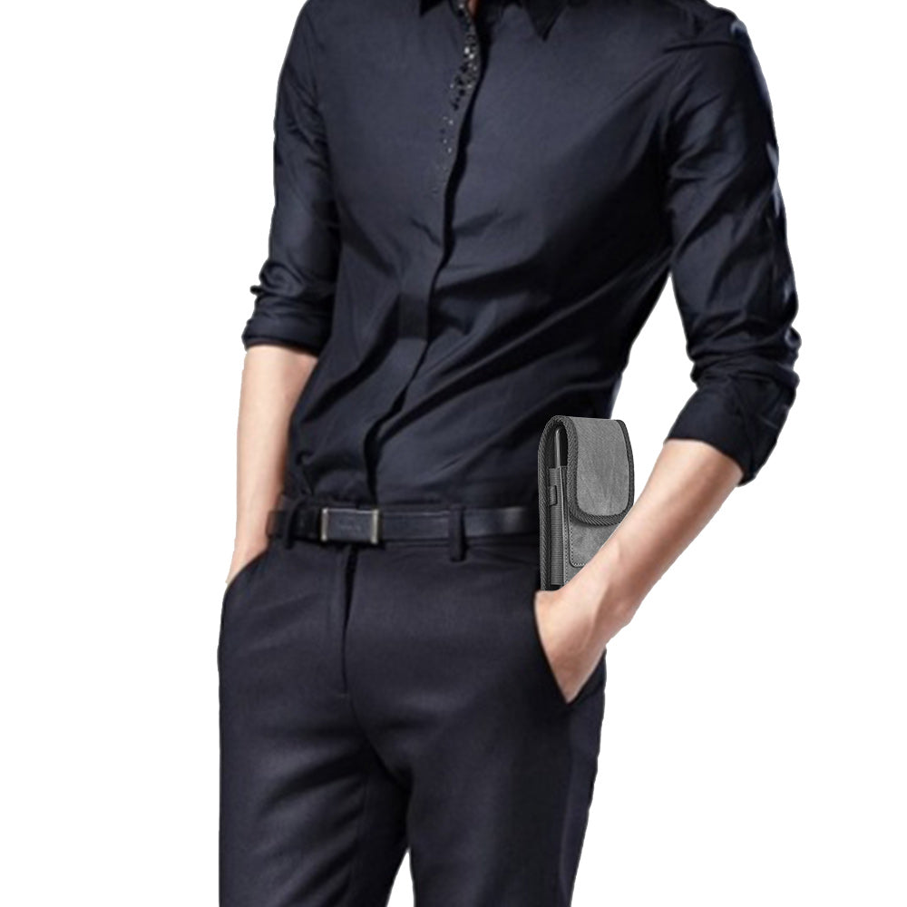 For Apple iPhone 16 Pro (6.3") Universal Vertical Fabric Case Holster with 2 Card Slots, Pen Holder, Belt Clip Loop & Hook Carrying Phone Pouch [Black]