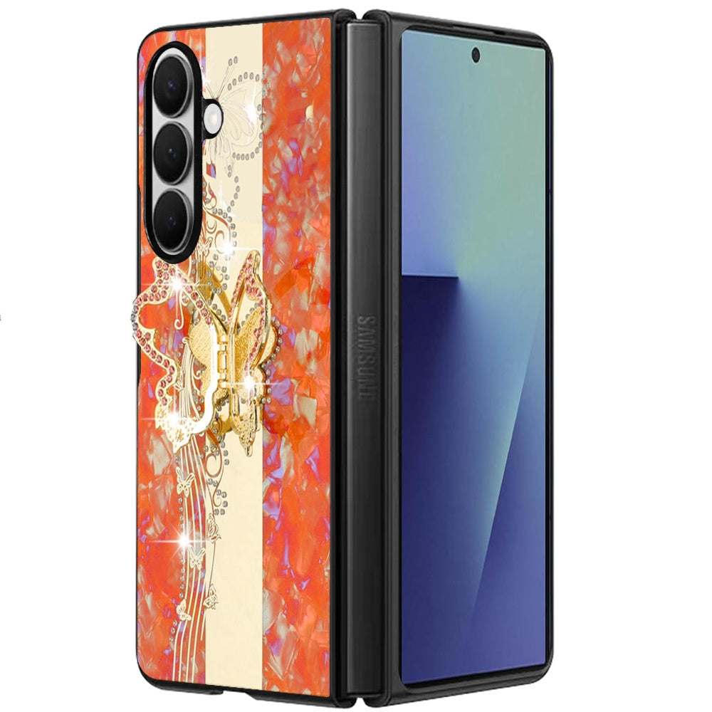 Phone Case for Samsung Galaxy Z Fold 8 Ultra Diamond 3D Fashion Floral Glitter Engraved Luxury Bling Hybrid Shockproof Chrome Edge Protective Grip Cover Orange